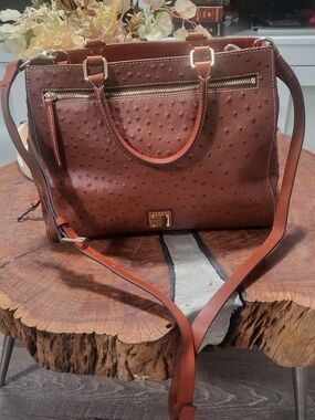 Dooney & Bourke Brown Ostrich-Embossed Leather Crossbody Satchel